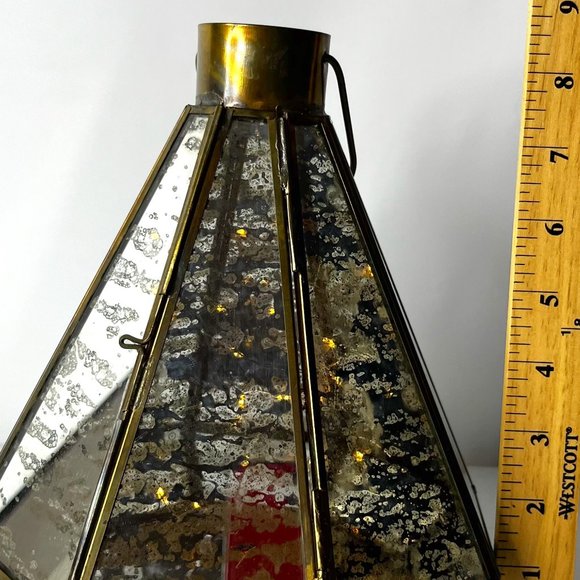 Mercury Glass Octagon Brass Lantern with LED Lights Strings 3 AAA Batteries Open - Picture 10 of 14